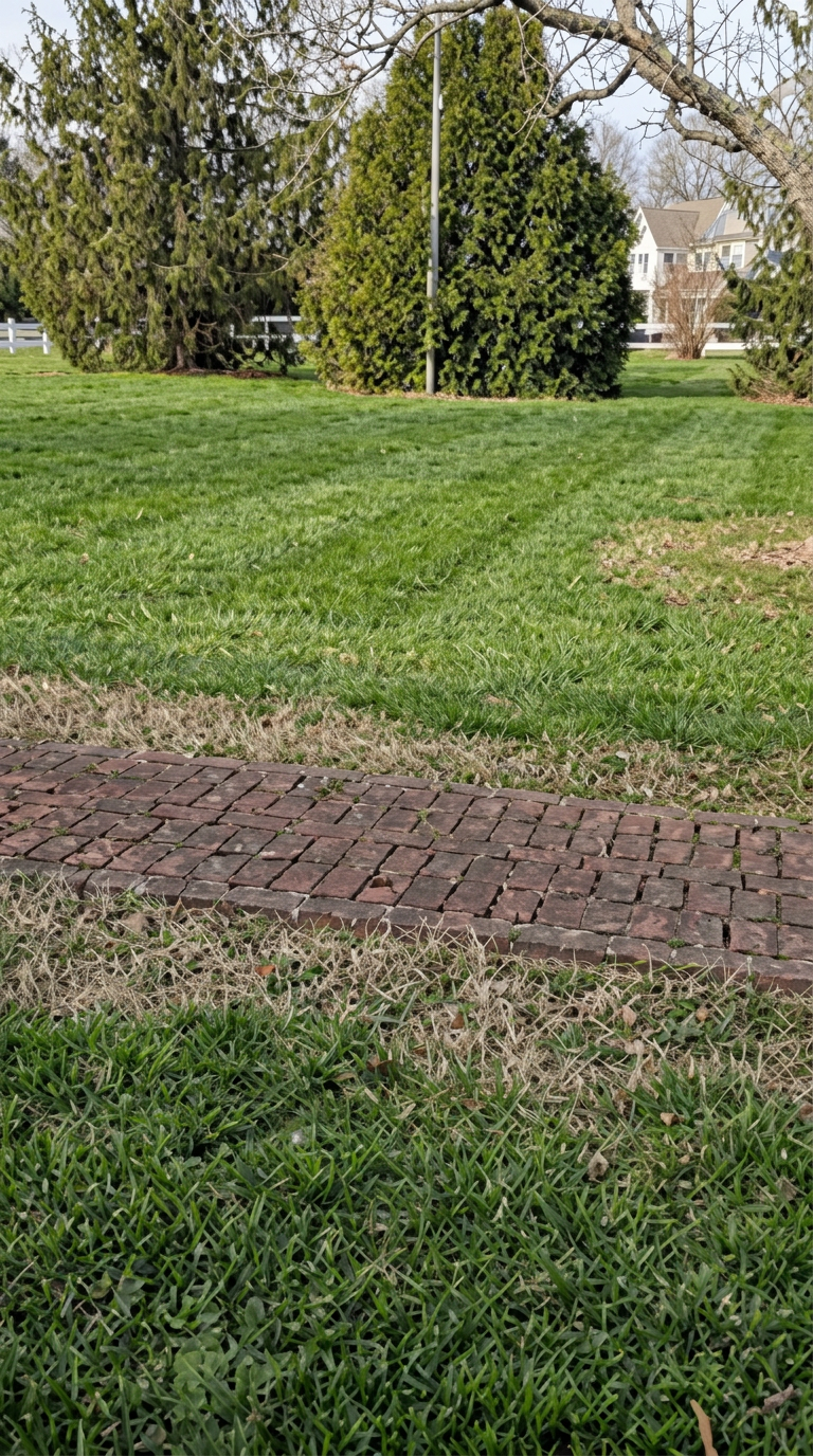 Neatly mowed lawn along a brick path